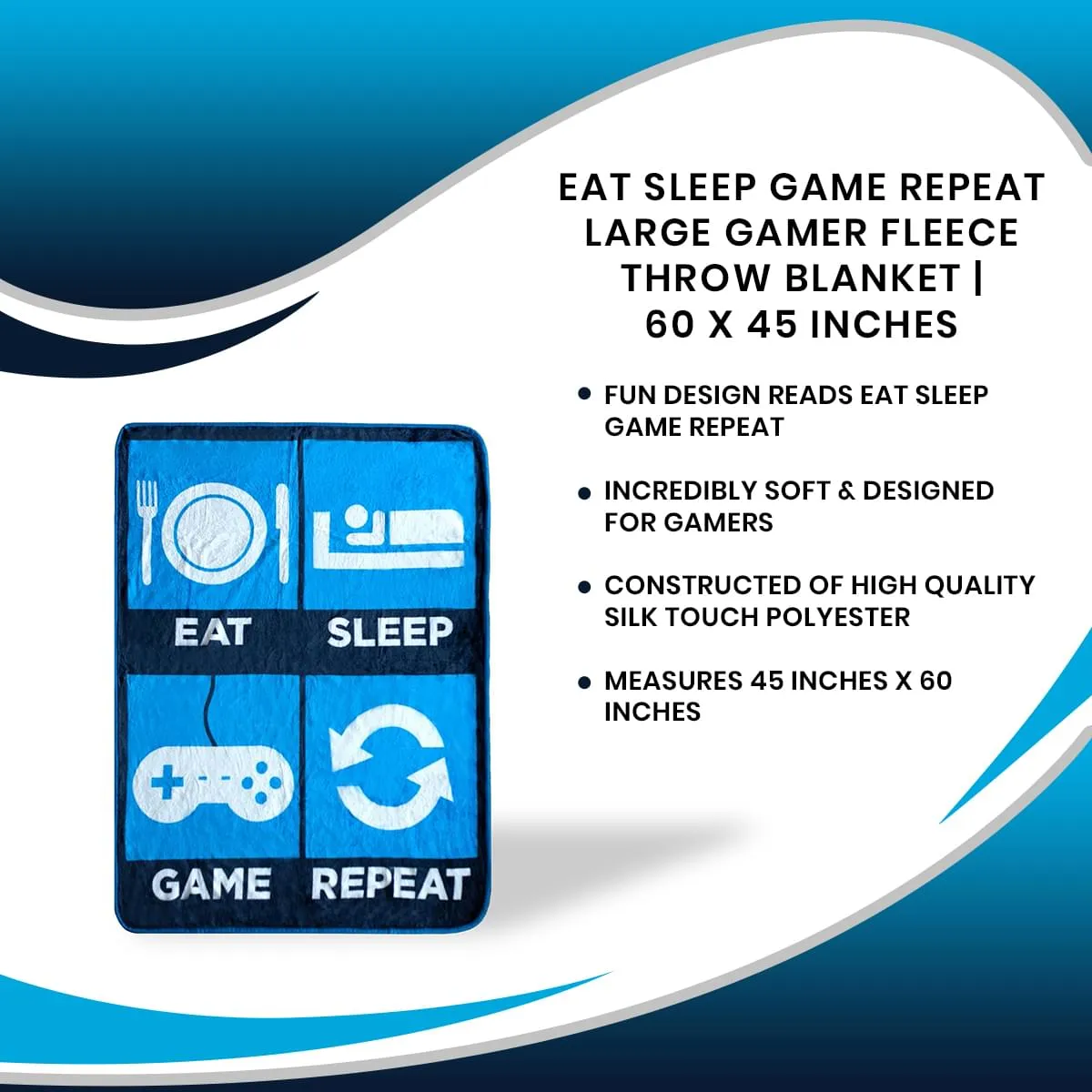 Eat Sleep Game Repeat Large Gamer Fleece Throw Blanket | 60 x 45 Inches