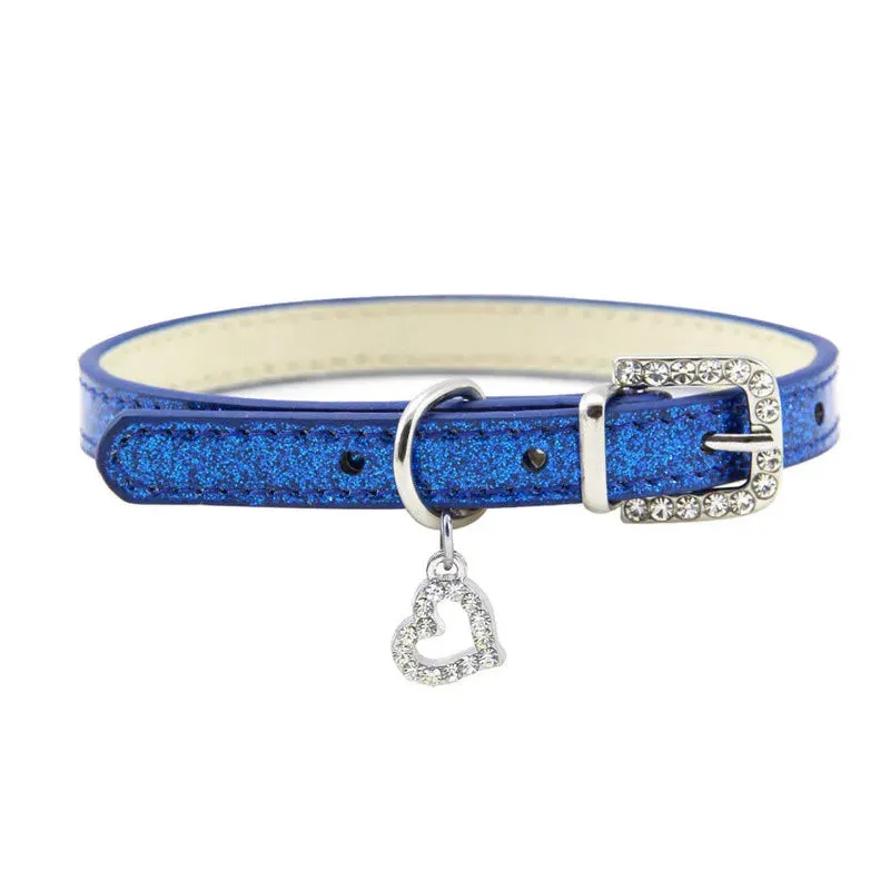 Elegant Leather Pet Collar with Crystal Heart Pendant