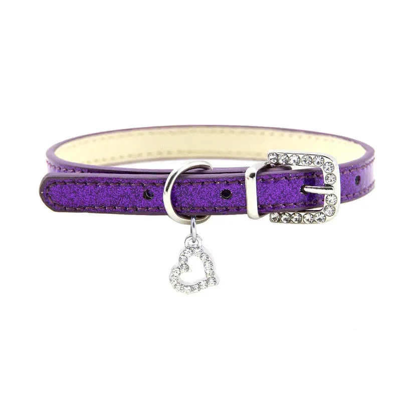 Elegant Leather Pet Collar with Crystal Heart Pendant