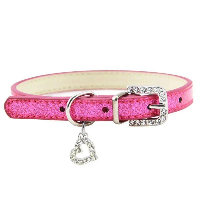 Elegant Leather Pet Collar with Crystal Heart Pendant