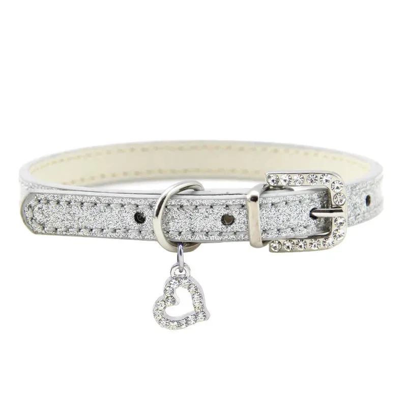 Elegant Leather Pet Collar with Crystal Heart Pendant