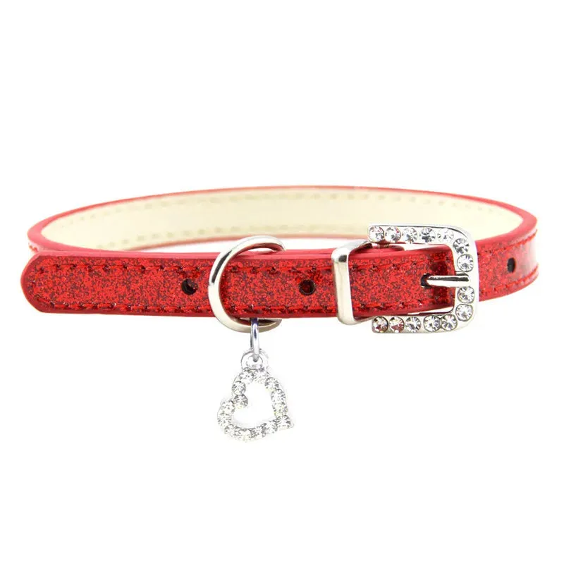 Elegant Leather Pet Collar with Crystal Heart Pendant