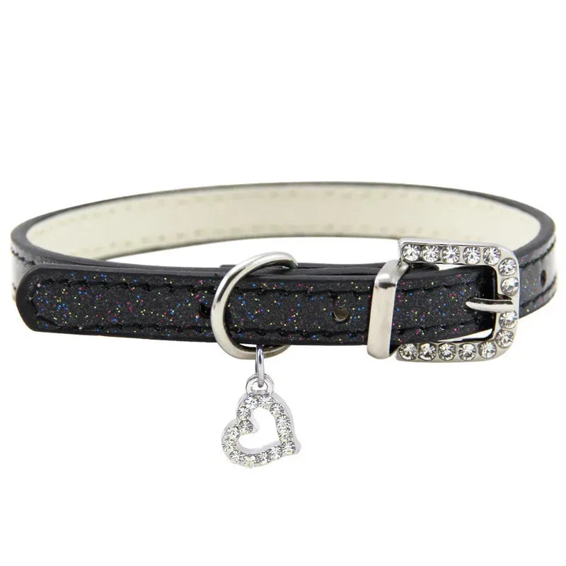 Elegant Leather Pet Collar with Crystal Heart Pendant