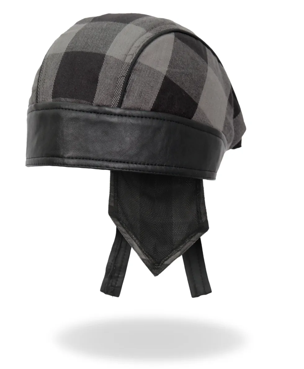 Grey Check Flannel with Leather Trim Pre-Tied Zandana - Bandana