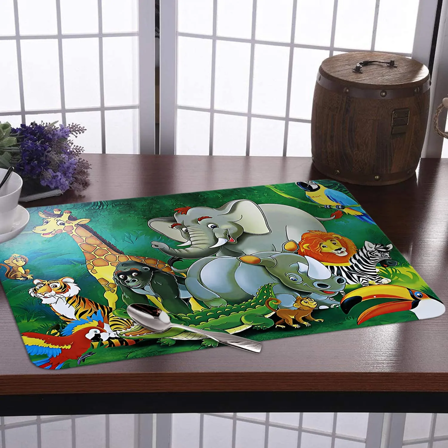 Heart Home Dining Table Mat | PVC Jungle Print | Table Mat | Placemats for Kitchen | Refrigerator Liners Mats | Shelf Liner Mat | Set of 6 | Green