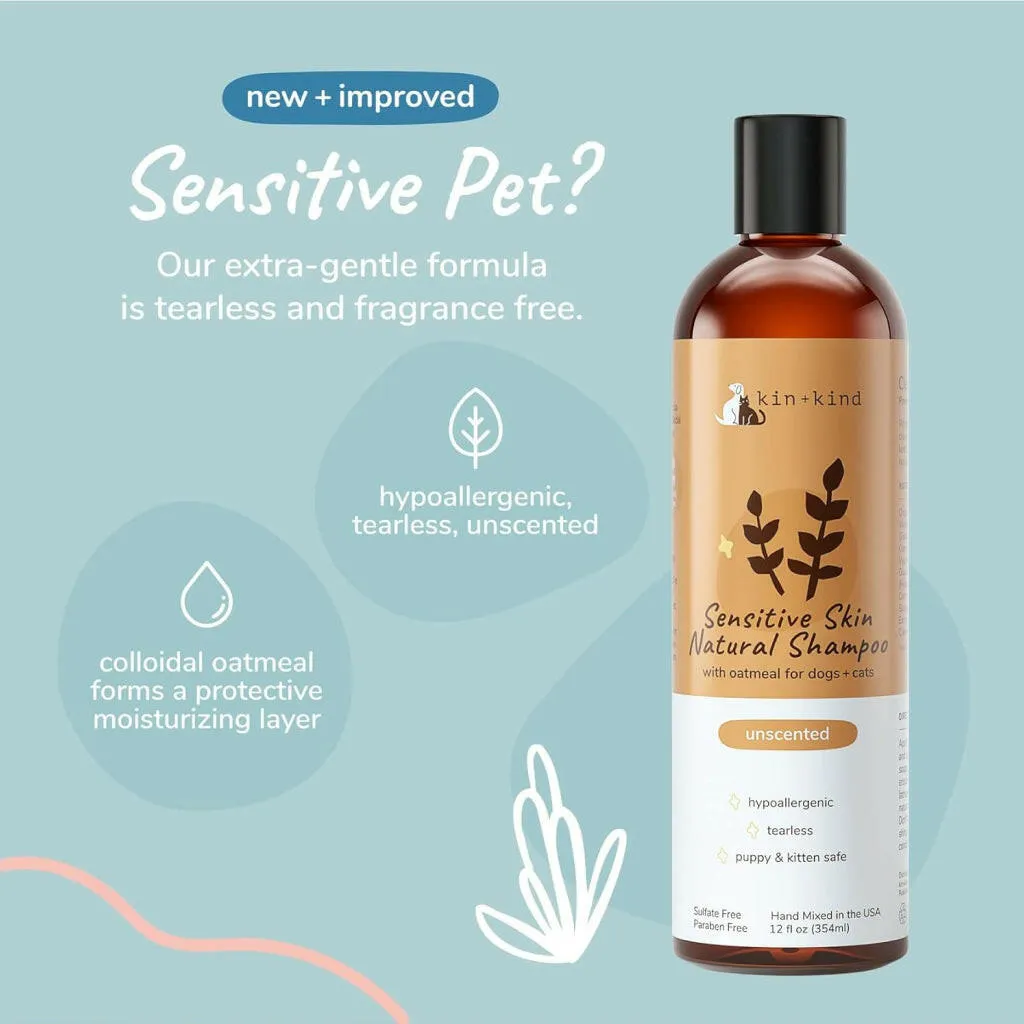 kin kind Sensitive Skin Natural Unscented Oatmeal Shampoo for Dogs, Puppies, Cats & Kittens (12 oz)