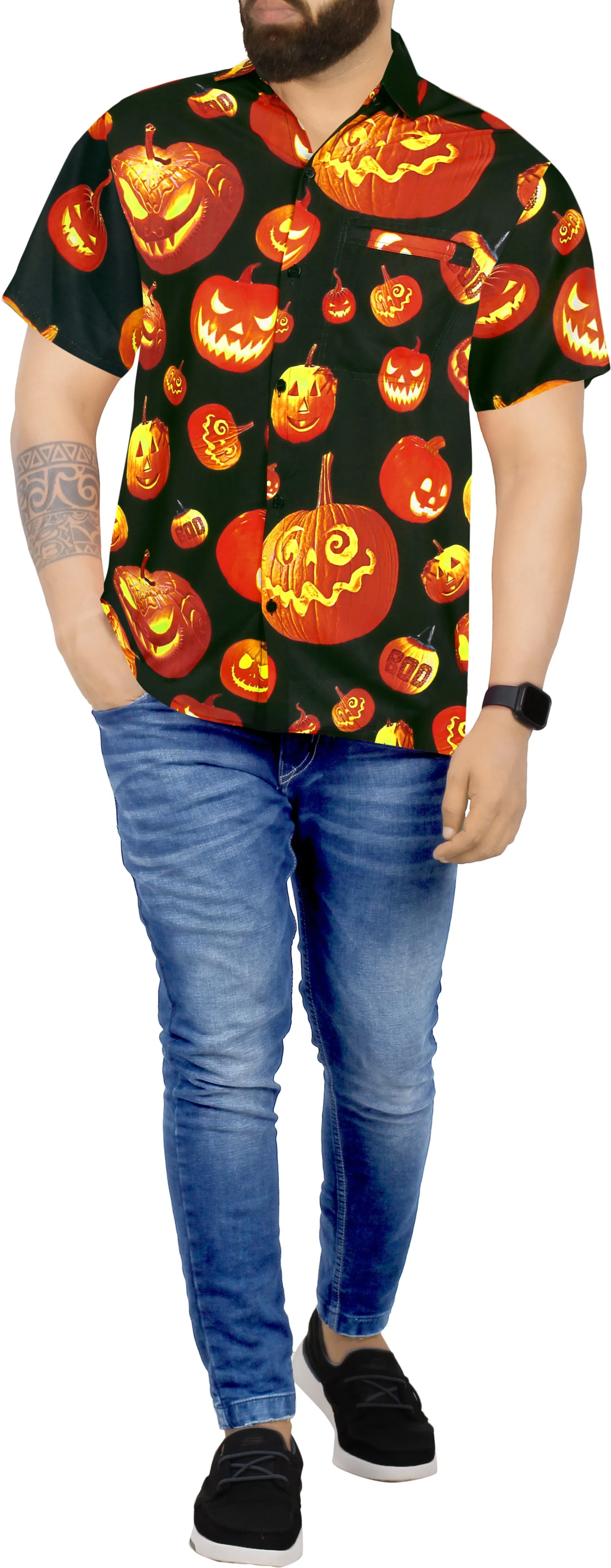 La Leela Halloween Men's Scary Pumpkin Printed Black Shirt