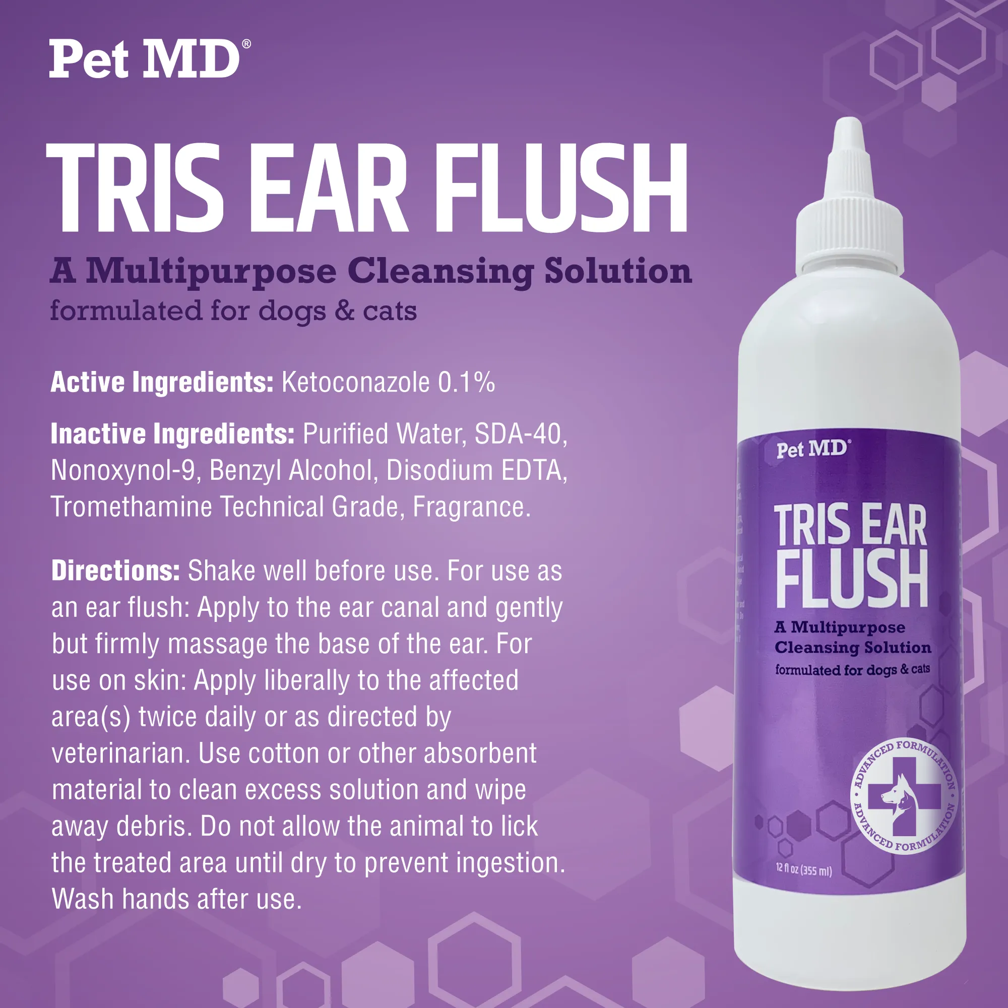 Tris Ear Flush Antiseptic Ear Cleaning Solution for Dogs & Cats - 12 oz