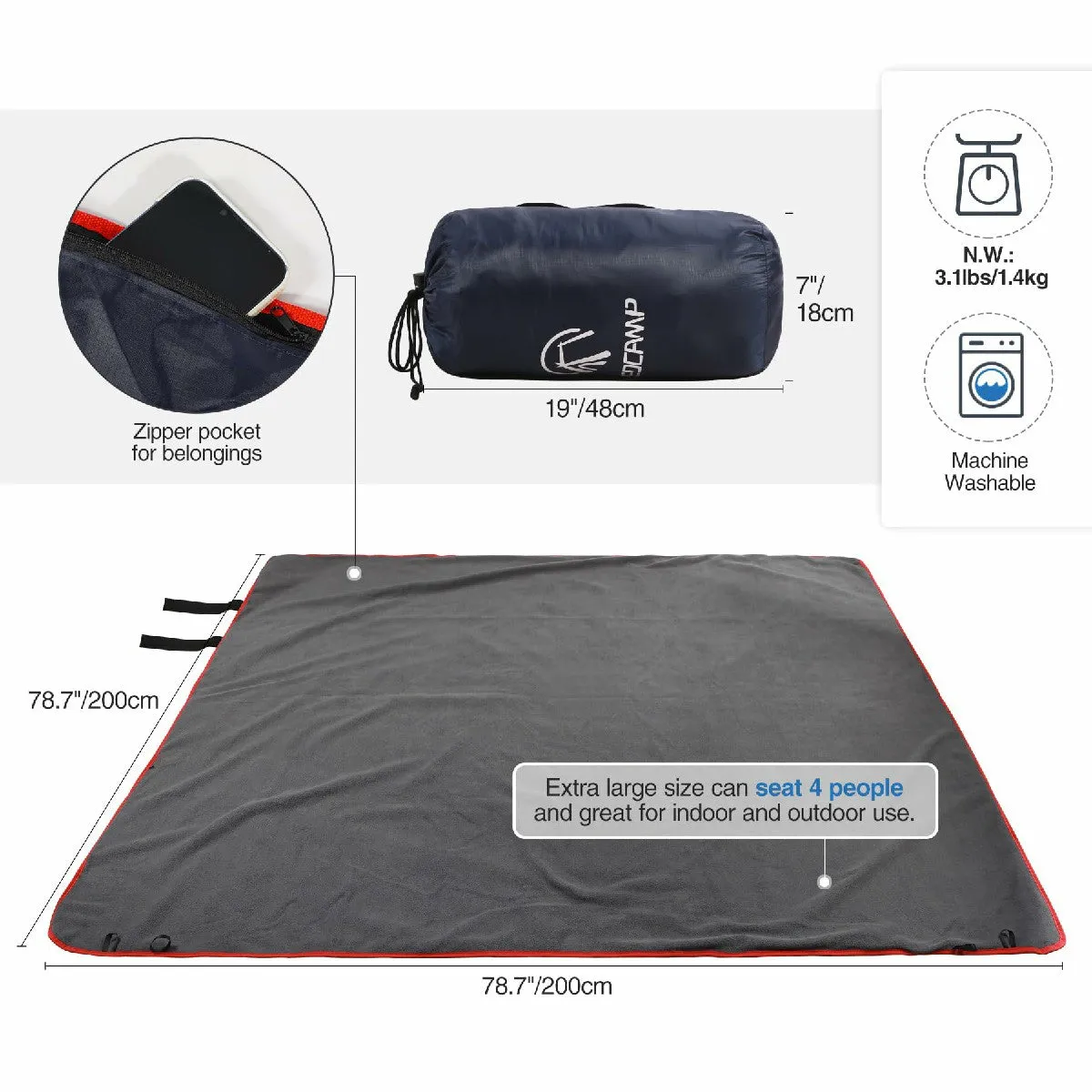 Waterproof Warm Stadium Blanket 79"x79" for Camping & Events